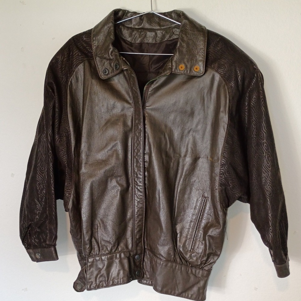 Comint Vintage Brown Leather Bomber Jacket Embossed Swirl Made in Argentina M